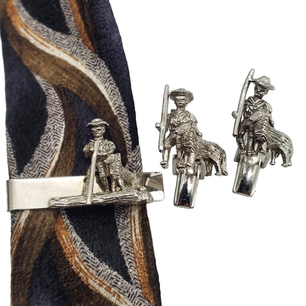 Boy & Dog Cufflinks Tie Bar Sarah Coventry Clip Clasp Silver Tom Sawyer Vintage